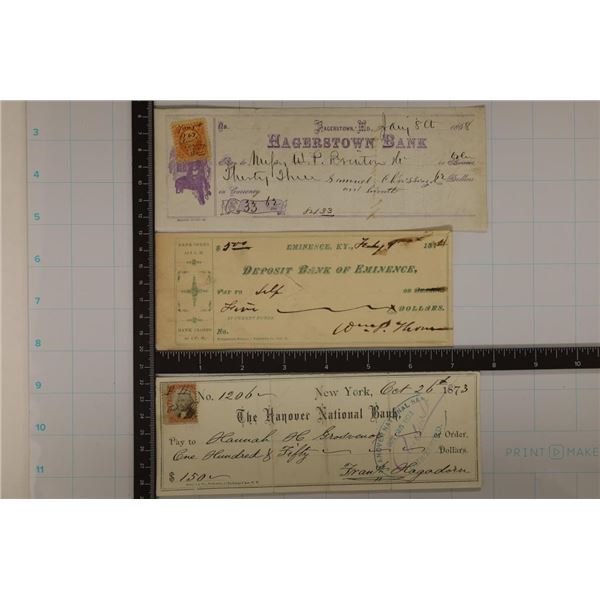3-1800'S CANCELLED CHECKS: 1868 HAGERSTOWN BANK,