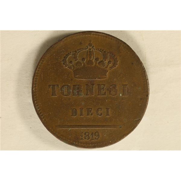 1819 NAPLES ITALY 10 TORNESI COPPER COIN