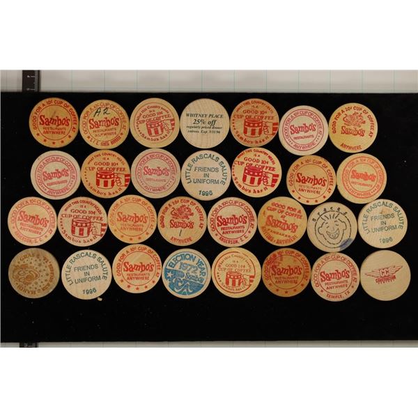 30 ASSORTED WOODEN NICKELS