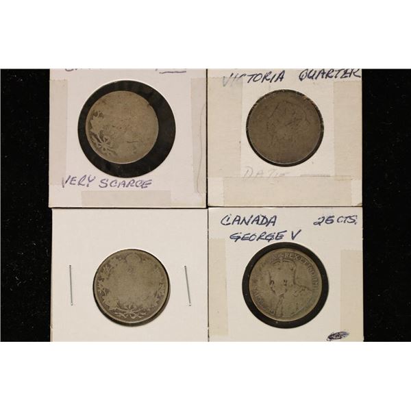 4-CANADA SILVER 25 CENTS: HARD TO READ AND NO DATE
