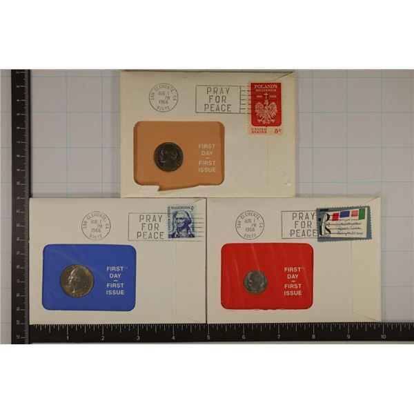 3-US COIN FDC ENVELOPES WITH CANCELLED STAMPS: