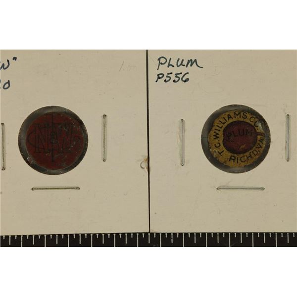 2 VINTAGE METAL TOBACCO TAGS "NEW" & "PLUM" BOTH