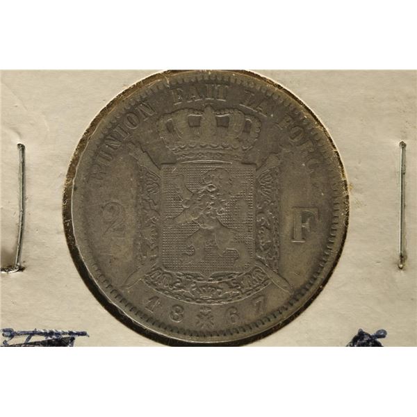 1867 BELGIUM SILVER 2 FRANCS .27 OZ. ASW