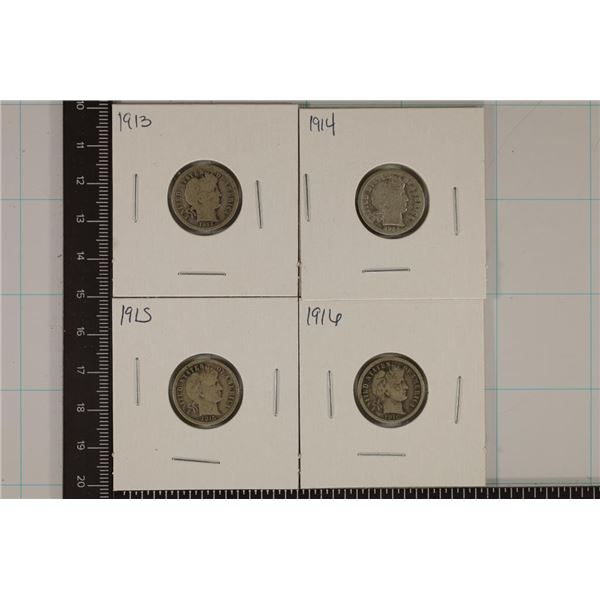 1913, 1914, 1915 & 1916 SILVER BARBER DIMES