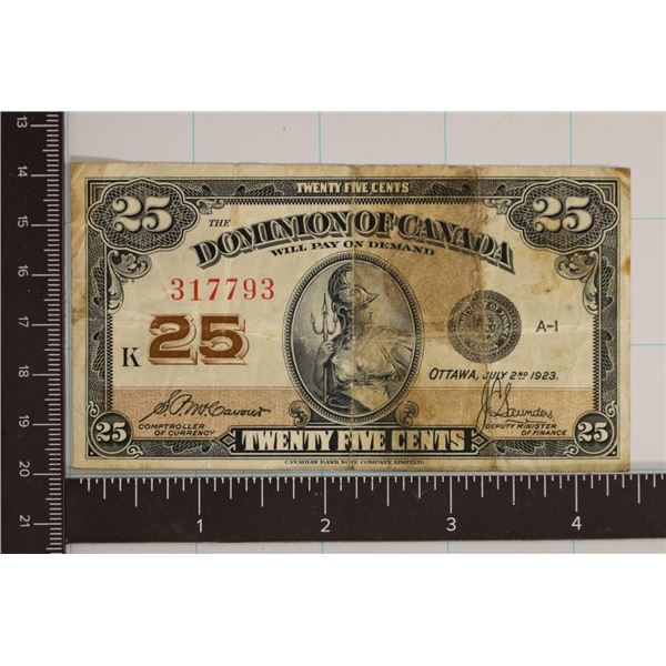 1923 DOMINION OF CANADA 25 CENT FRACTIONAL BILL