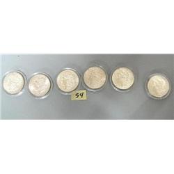 6 Silver Dollars:  1879, 1880 made in San Francisco, 1898, 1888, 1884, 1880 made in San Francisco (7