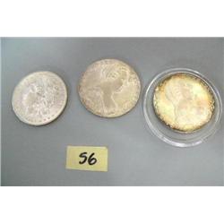 1904 Brilliant Uncirculated Morgan Silver Dollar made in New Orleans and 2 Mtheresa 1 oz. Spanish Si