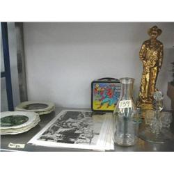 Set of 9 Transfer ware Plates with Farm Scenes, John Wayne Commemorative Bottle, Old Super Heroes Lu