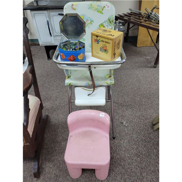 high chair, kids chair, marbles and blocks