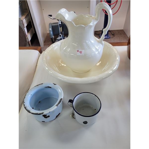wash jug and basin with porcelain cups