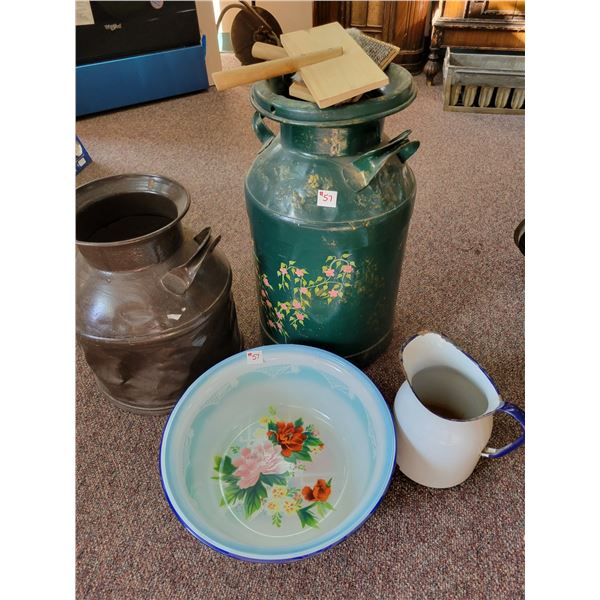 2- Cream cans, wash basin, pitcher & wool carders