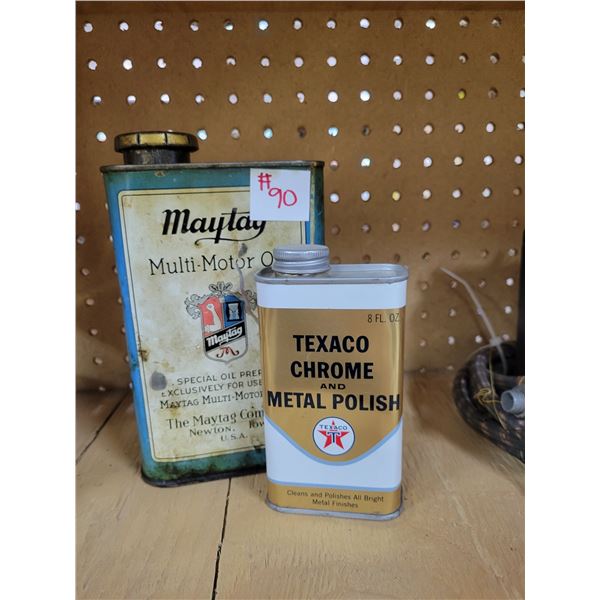 Maytag oil can and Texaco polish tin