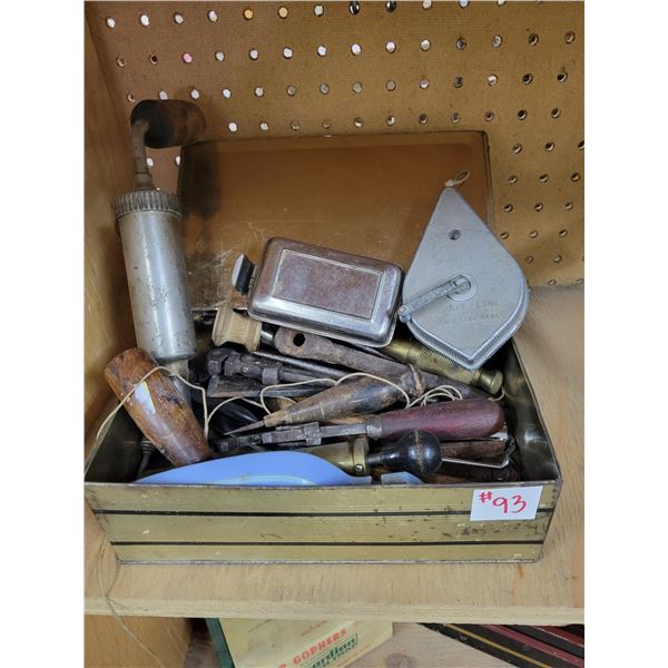 assorted old tools and box