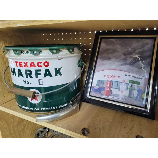Texaco grease pail, painting and a quart oil can opener