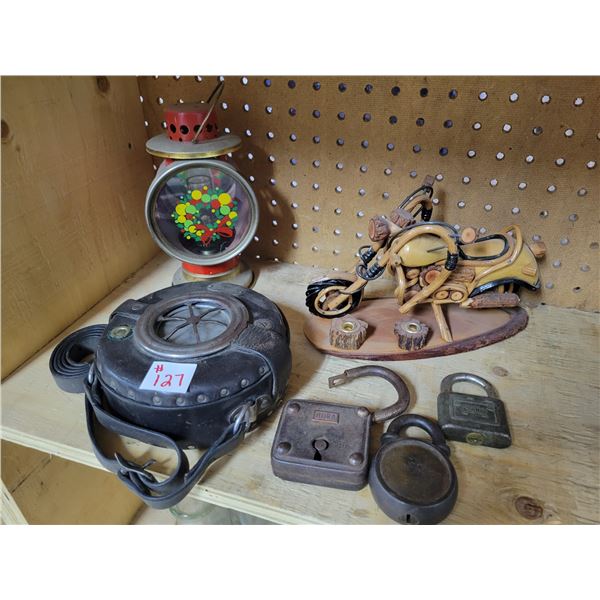 wooden motor cycle toy, locks and a security time clock