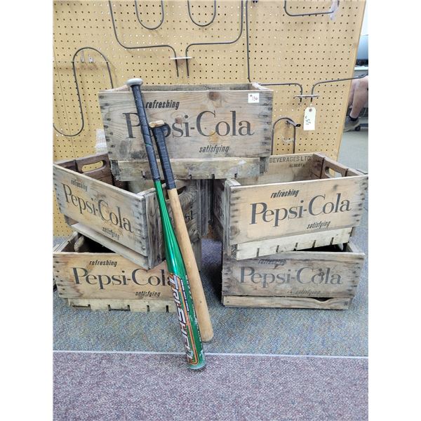5 wooden Pepsi boxes and 2 softball bats