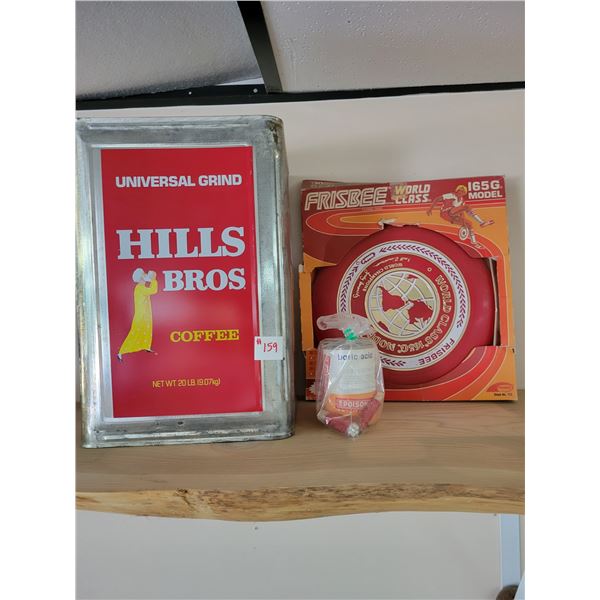 Hills bros tin, packaged Frisbee, can of boric acid