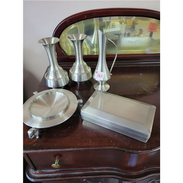 2- Pewter bud vases, pewter pitcher, pewter ash tray & pewter box