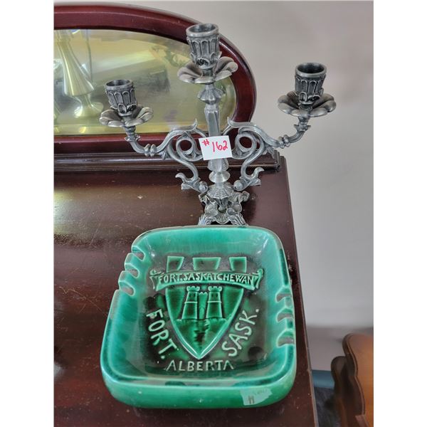 Pewter candelabra and 'Fort Sask' ash tray