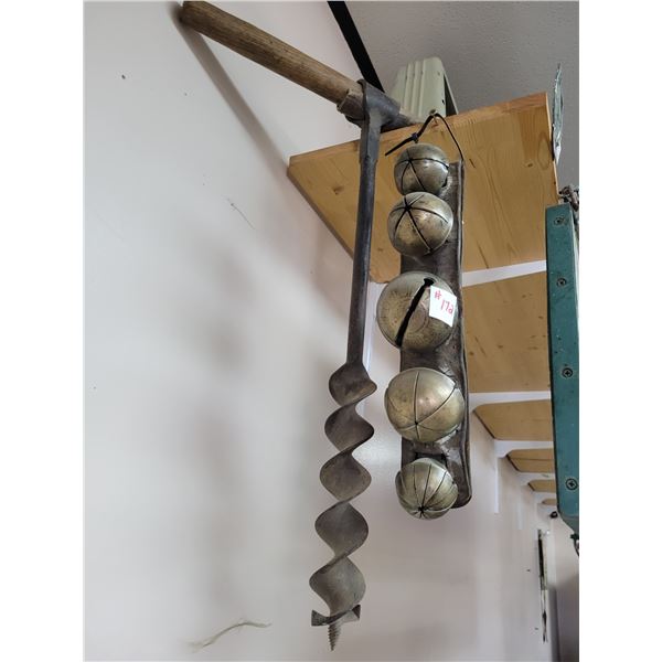 brass bells, wooden drill. National park badge, fan and meat paper dispenser