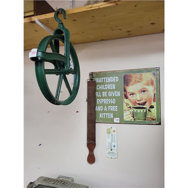 water pulley, barber strap, temp gauge and sign