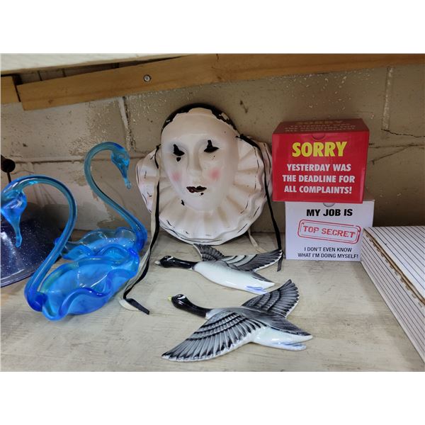 10- Bradford animal plates (various animals),  blown glass ornaments, 2- geese and a clown face