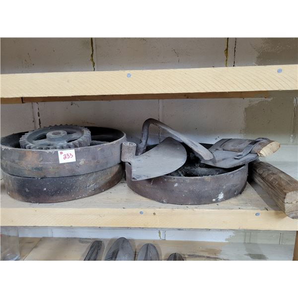 Misc. iron tools and steel wheels