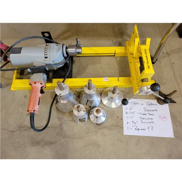 Tenon wood cutter and 4 Bosworth bits for making log furniture, Milwaukee drill and base