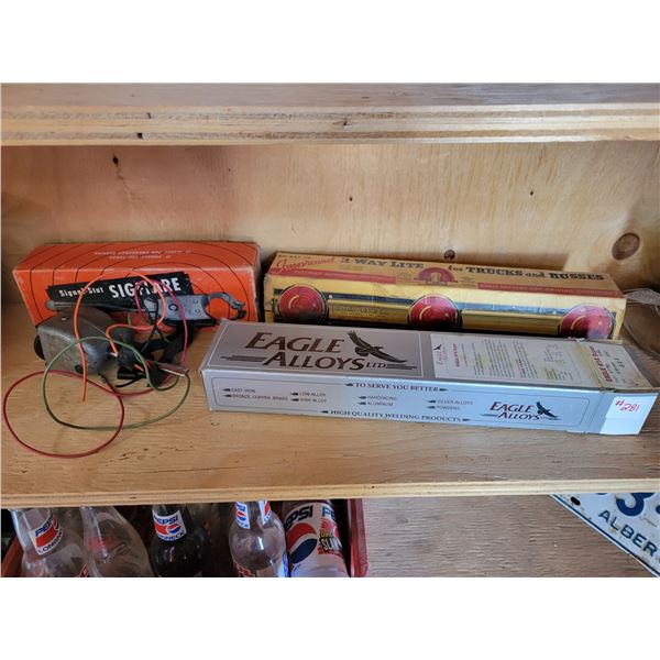 Flare set ,, old signal lights 3 way light bar, alum. welding rods