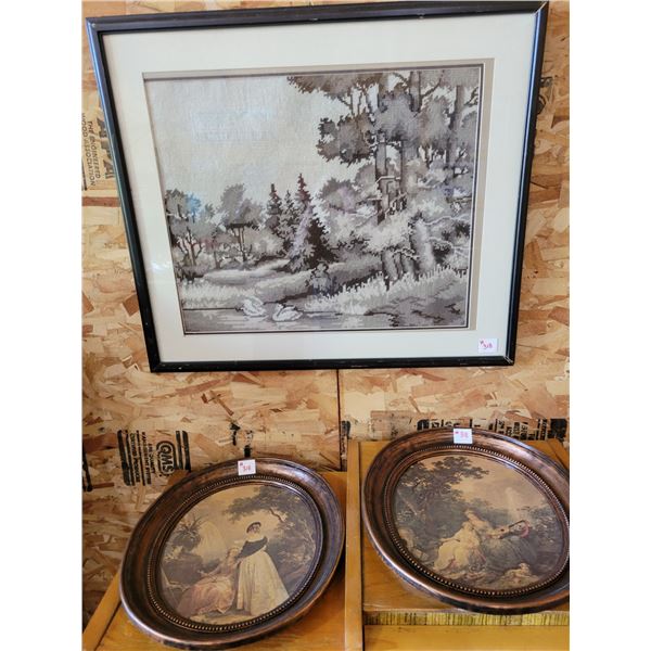 2 oval pictures and 1 needle point picture