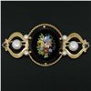 Image 2 : Vintage 14k Yellow Gold Black Onyx Floral Mosaic Sapphire and Pearl Brooch Pin