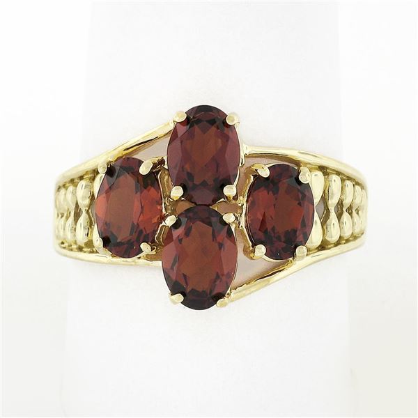 10k Yellow Gold 3.50 ctw Prong Set Oval Cut Garnet Open Work Sides Wide Band Rin