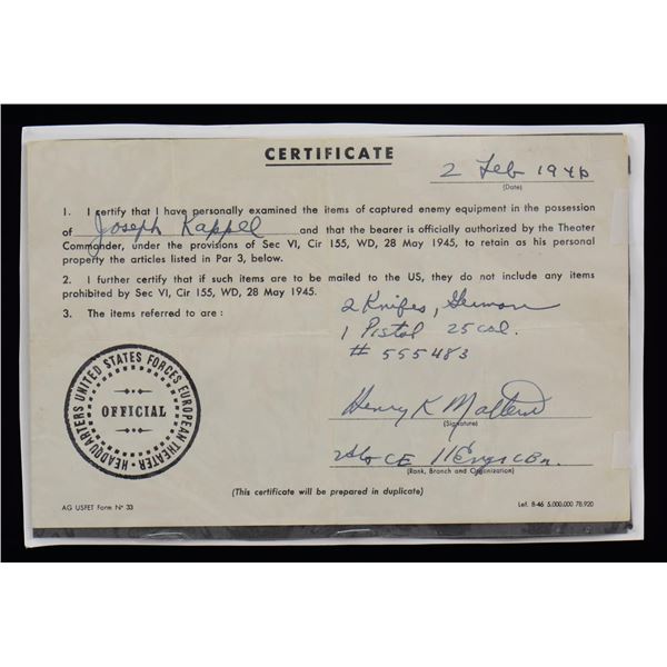 WWII US CAPTURE CERTIFICATE.