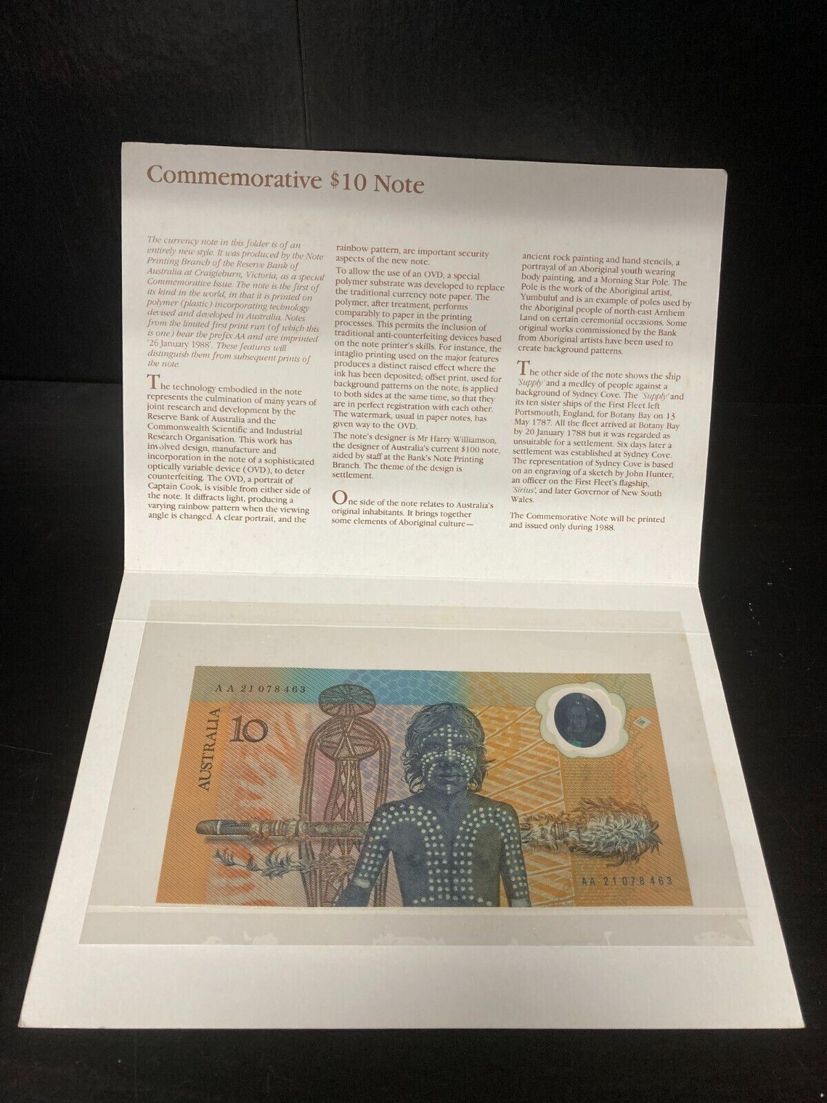 Platic Note 1988 Australia $10 BICENTENNIAL COMMEMORATIVE POLYMER PLASTIC Note W ...
