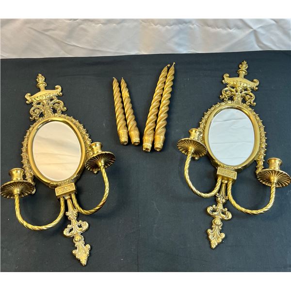 2 Vintage Brass Wall Mount Candle Holders with Mirrors