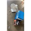 Image 1 : COOLER OF CLEANING SUPPLIES WITH TABLE FAN AND HEATER