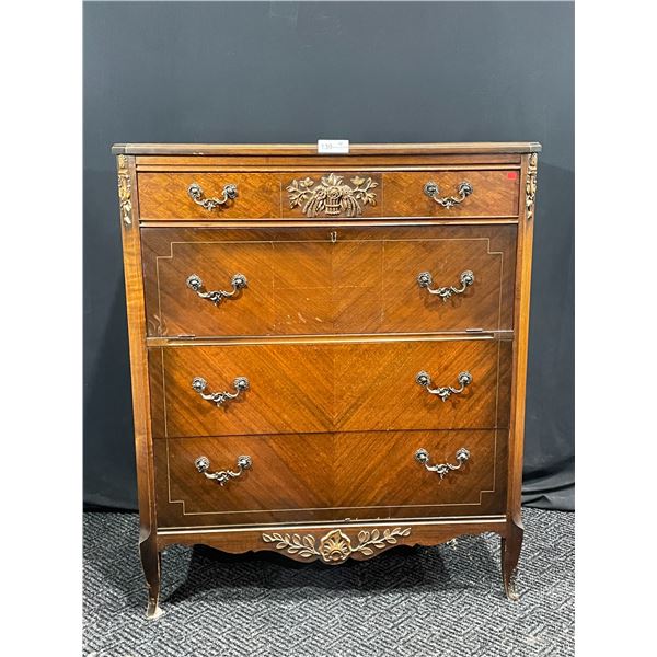 VIntage Dark Wooden Dresser, With Metal Floral Designs Beck Auctions Inc.
