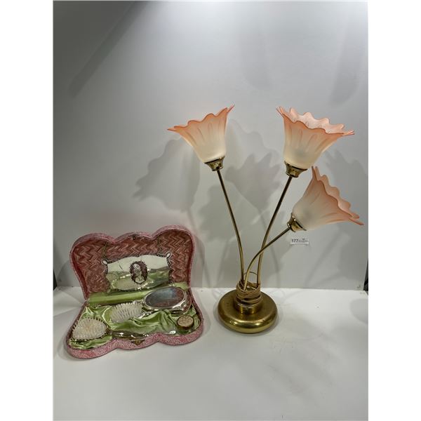 Vintage Health And Beauty Set, With Gold Floral Lamp