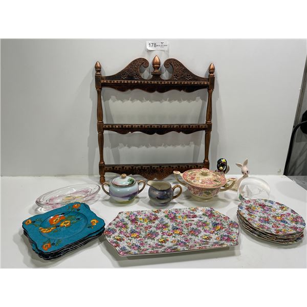 Large Assortment Of Miscellaneous Dishware And Antique Spoon Rack