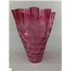 Image 2 : Vintage 7" Tall Cranberry Glass Vase with Thumbprint Coin Spot Design- Ruffled Edge