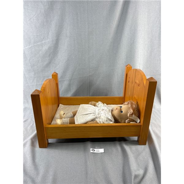 Vintage Wood Doll Bed w/ Doll. Approx.. 20  L x 14  W x 13  H