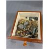 Image 2 : Wood Footed Jewelry Box With 3 Drawers Full of Ornate Jewelry