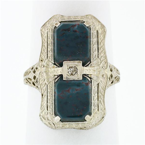 Antique Art Deco 14k White Gold Dual Bloodstone & Diamond Etched Filigree Ring