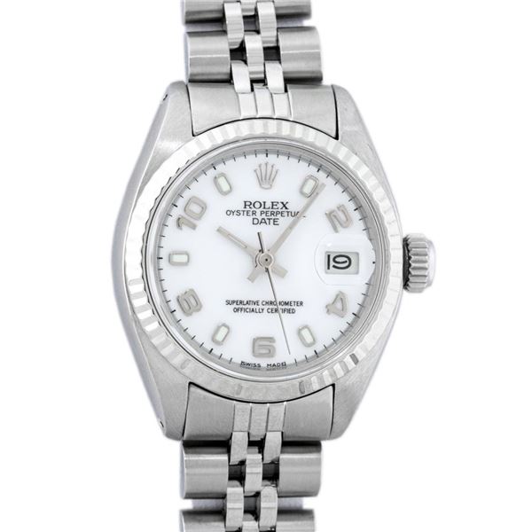 Rolex Ladies Stainless Steel White Dial White Gold Fluted Bezel Wristwatch