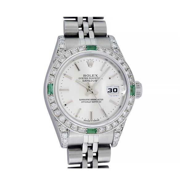 Rolex Ladies Quickset Stainless Steel Silver Index 18K White Gold Diamond & Emer