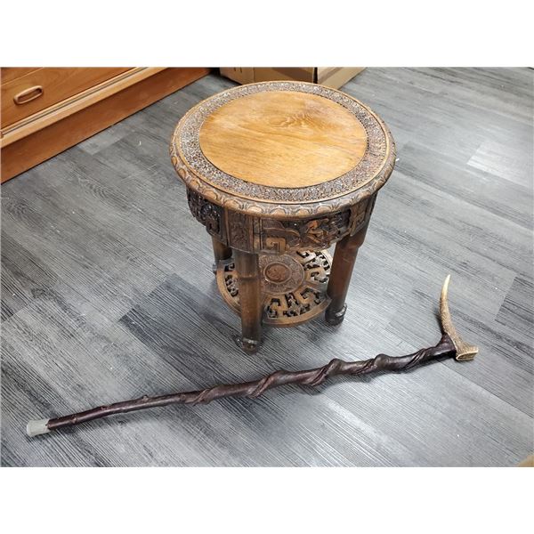 Carved table & walking stick