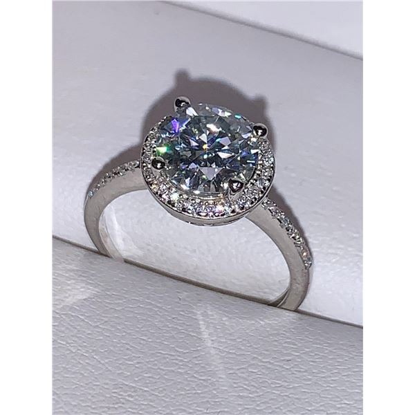 Silver .925 Lowered Halo Design Solitaire Moissanite & Zirconium Cluster Ring with Appraisal Certifi