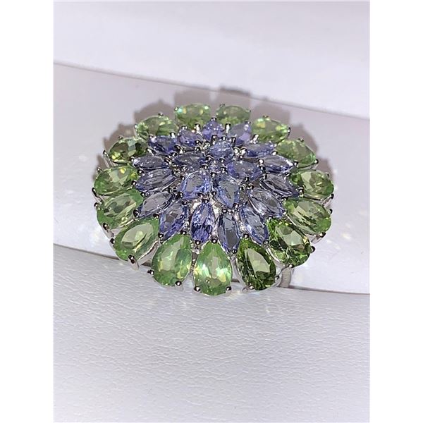 Natural Peridot & Tanzanite Multi Stone 12.11 carat Cluster Ring set in .925 Silver with Appraisal C