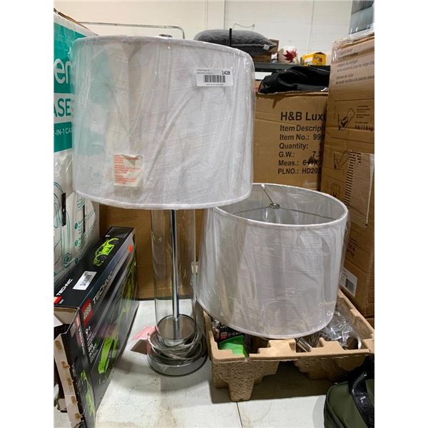Set of 2 Glass And Silver Lamps with White Shades