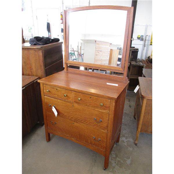 4-Drawer Oak Dresser on Casters w/ Mirror - 36x20x67       OFF SITE